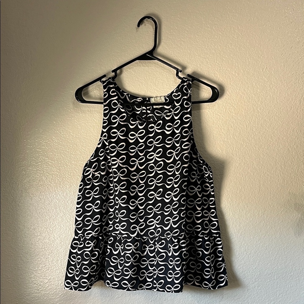 Kate Spade Women’s Black Pink Bow Pattern Top Sleeveless Sz 1 Ruffle Casual Chic